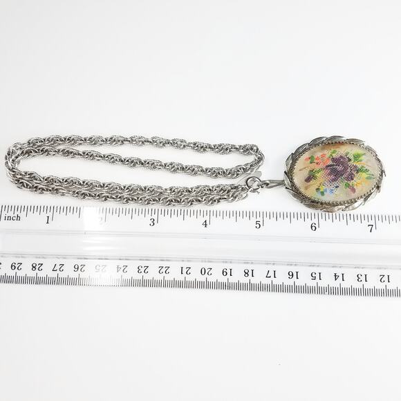 Whiting & Davis Floral Pendant Necklace, Silver Tone, Textured Glass, Vintage - Picture 3 of 10